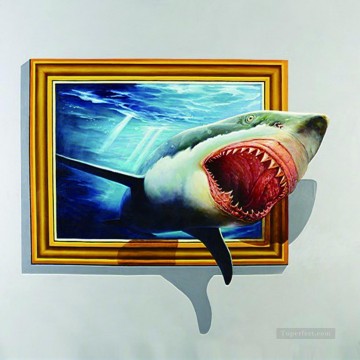ファンタジー Painting - フレームからはみ出たサメ 3D
